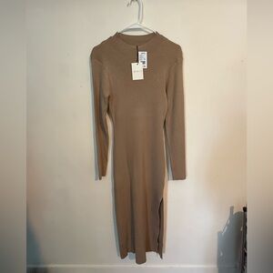 MARBLE Brown Ribbed Bodycon Dress with Slit